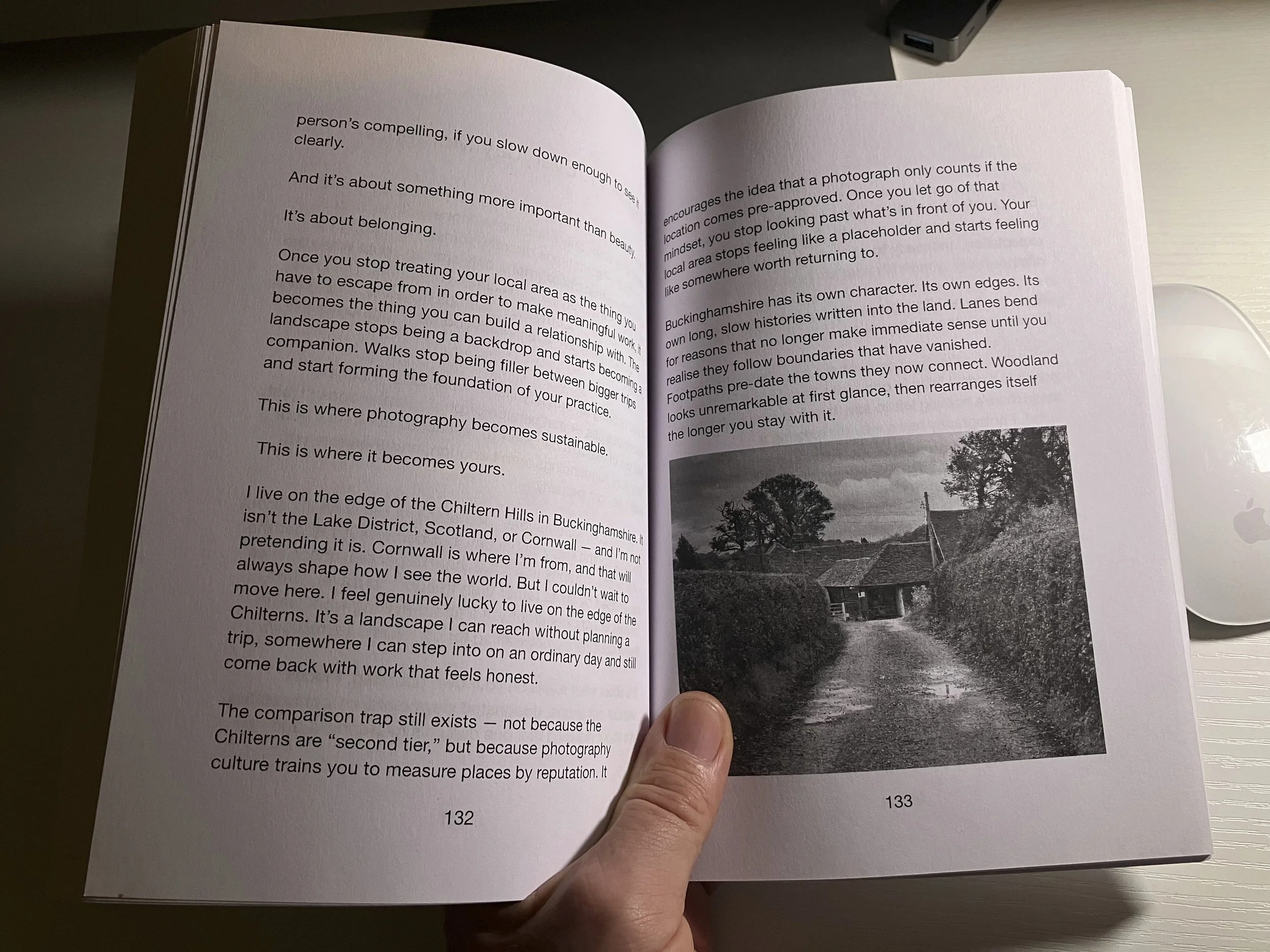 Interior pages of More Than a Pretty Picture by Mark Weekes, showing text and black and white photography from the Chiltern Hills