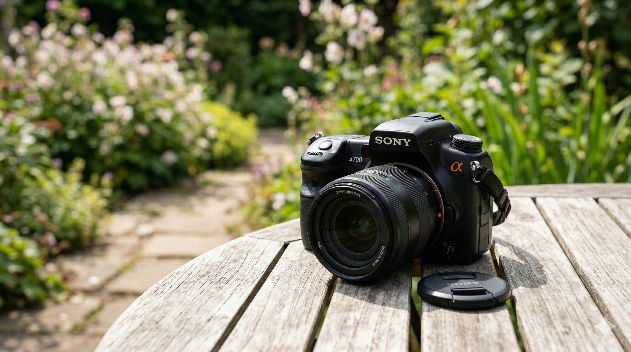 Sony Alpha A700 DSLR camera on a wooden garden table with a blurred cottage garden background
