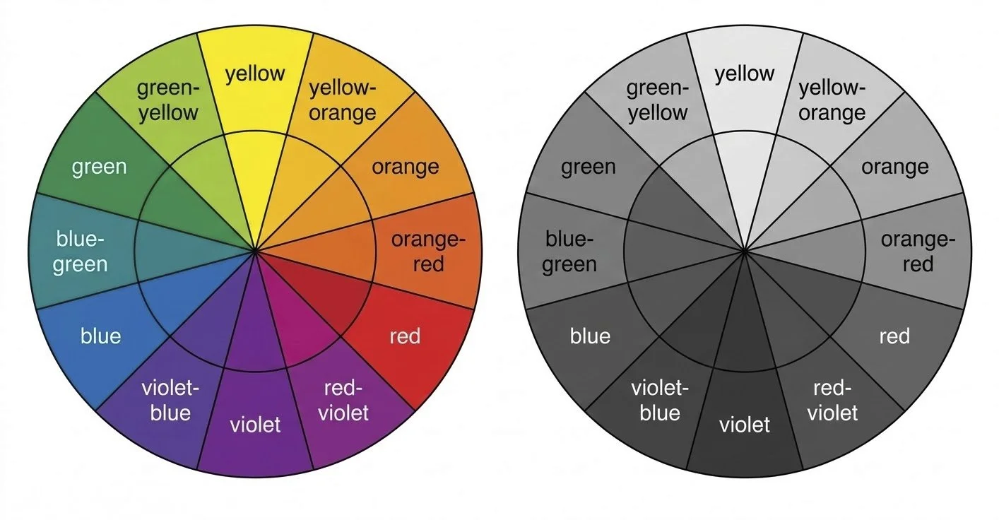 an image explaining the colour wheel and greyscale wheel for black and white photography instruction