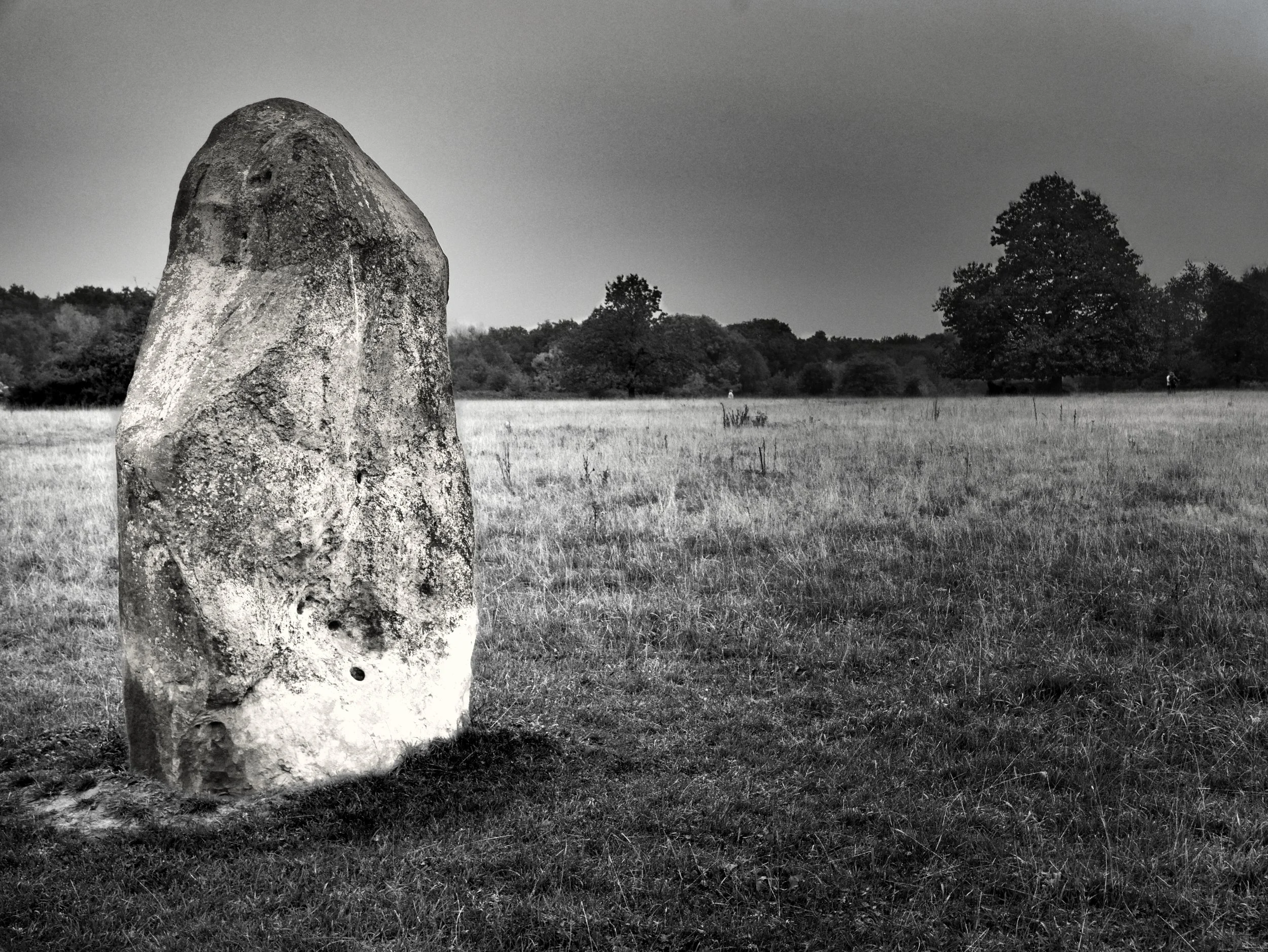 Black and white photograph of a standing stone at Ibstone Common, Chiltern Hills — side lighting revealing the texture and weathered surface of the ancient stone, demonstrating how directional light creates tonal depth
