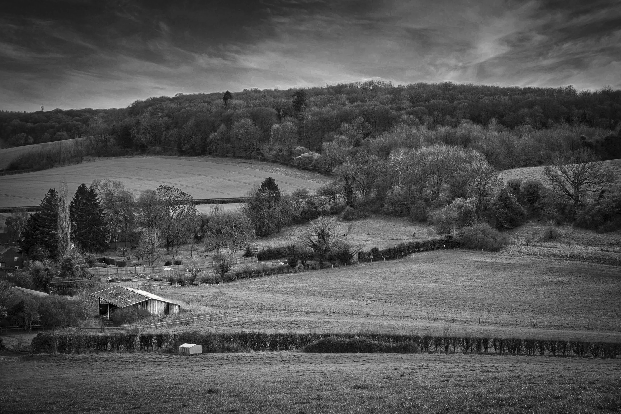 Chiltern Hills Landscape, Buckinghamshire
Rolling fields and winter woodland under a heavy sky, Chiltern Hills, Buckinghamshire. A farm barn sits in the lower valley surrounded by hedgerows and bare trees, with fields sweeping up towards the wooded h