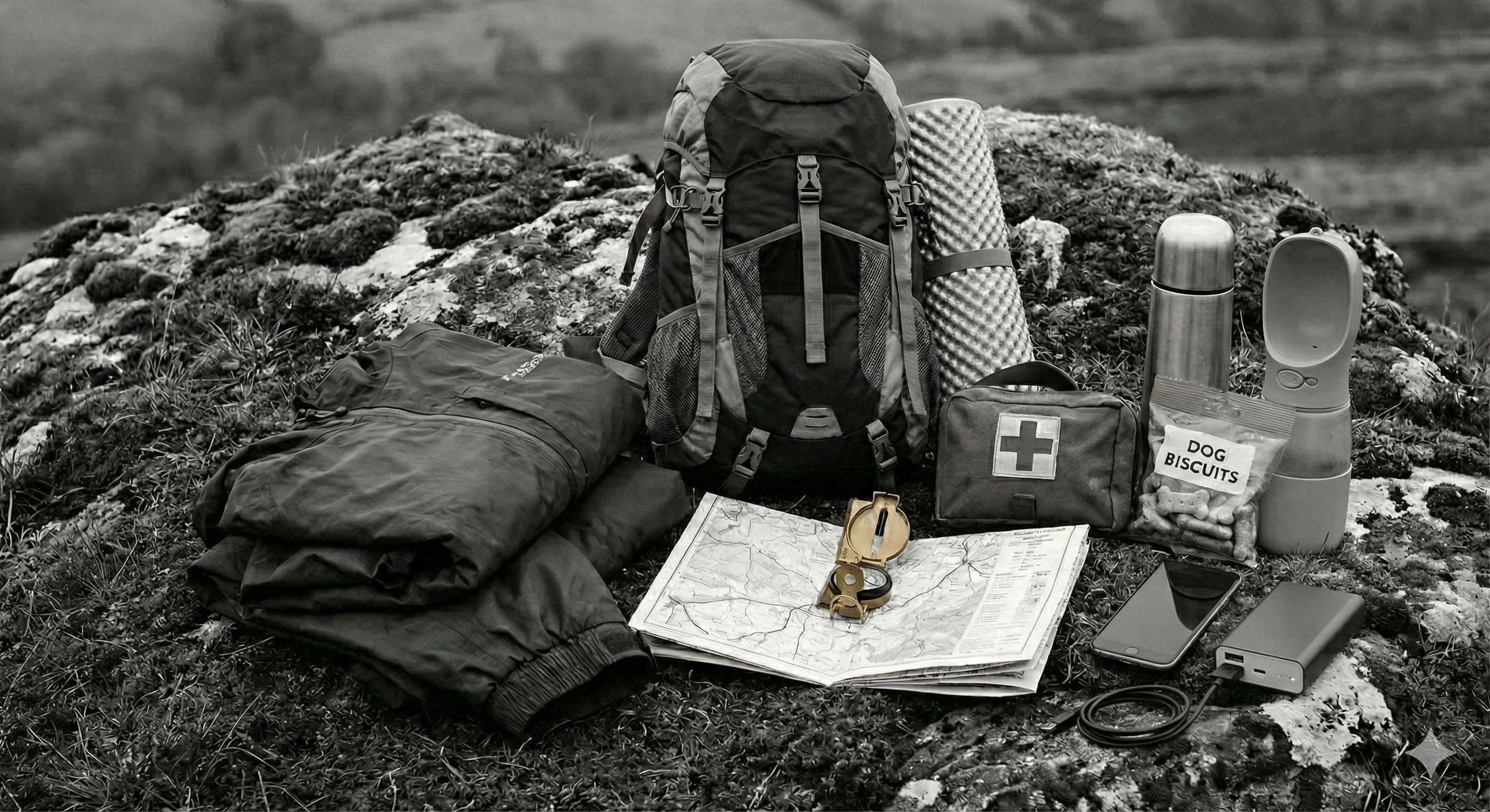Black and white photograph of walking kit laid out on a rock: rucksack, OS map, compass, first aid kit, thermos flask, phone, power bank and dog biscuits on a Chiltern Hills walk.
