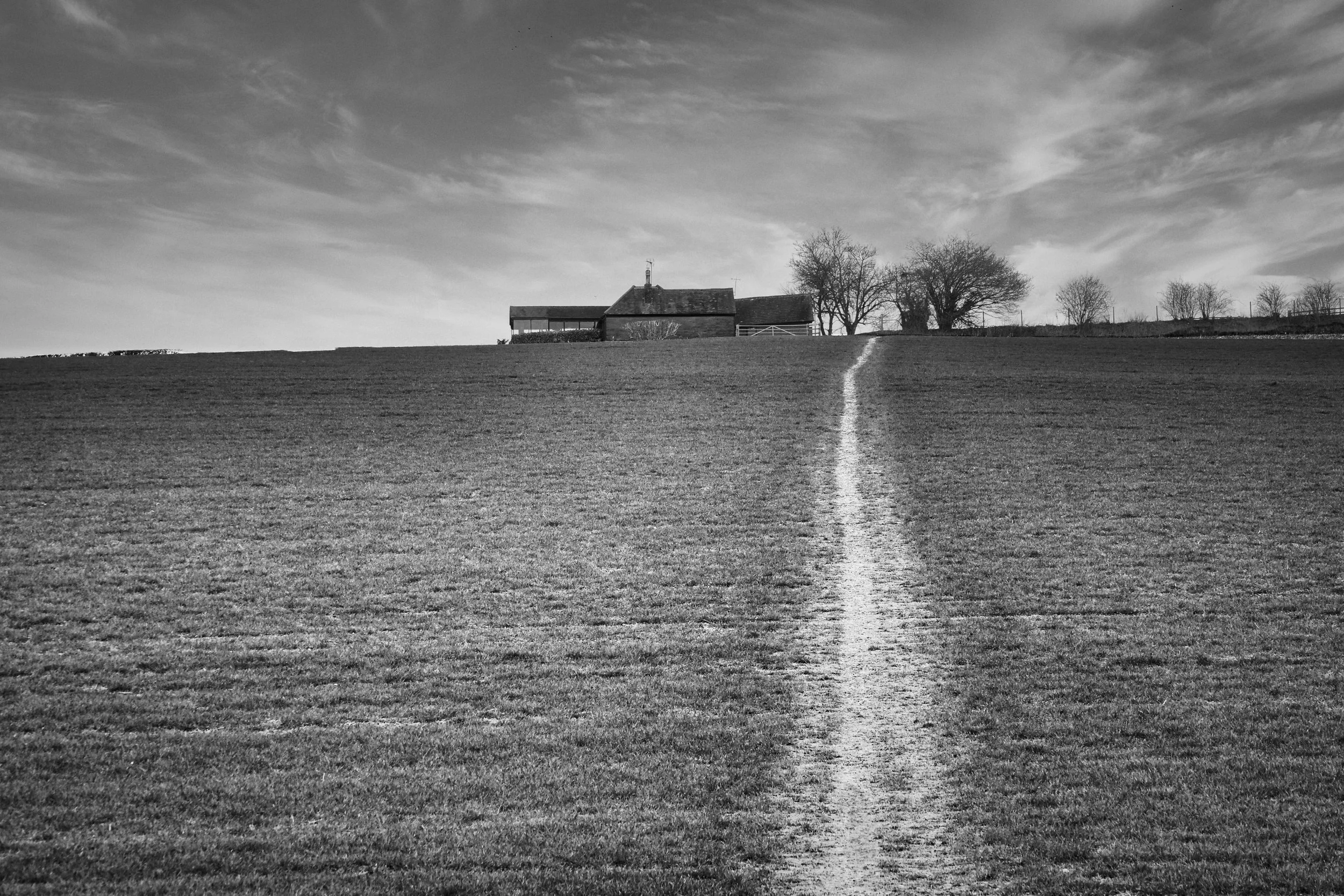 A chalk farm track cuts a straight line through an open field toward a farmhouse on the horizon, Chiltern Hills, Buckinghamshire.