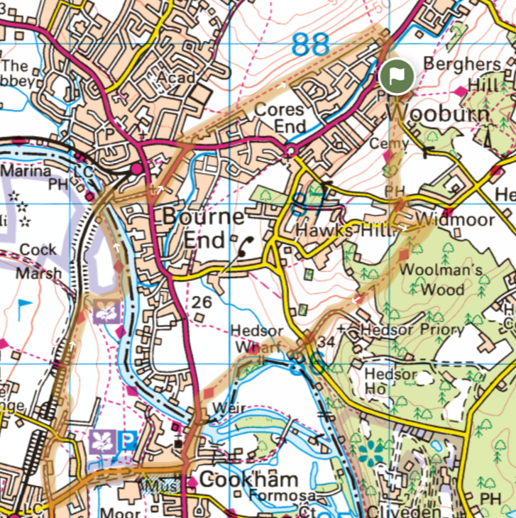 Ordnance Survey map highlighting a circular walking route from Wooburn Green through Hedsor, Cookham and Bourne End, including woodland paths and riverside sections.