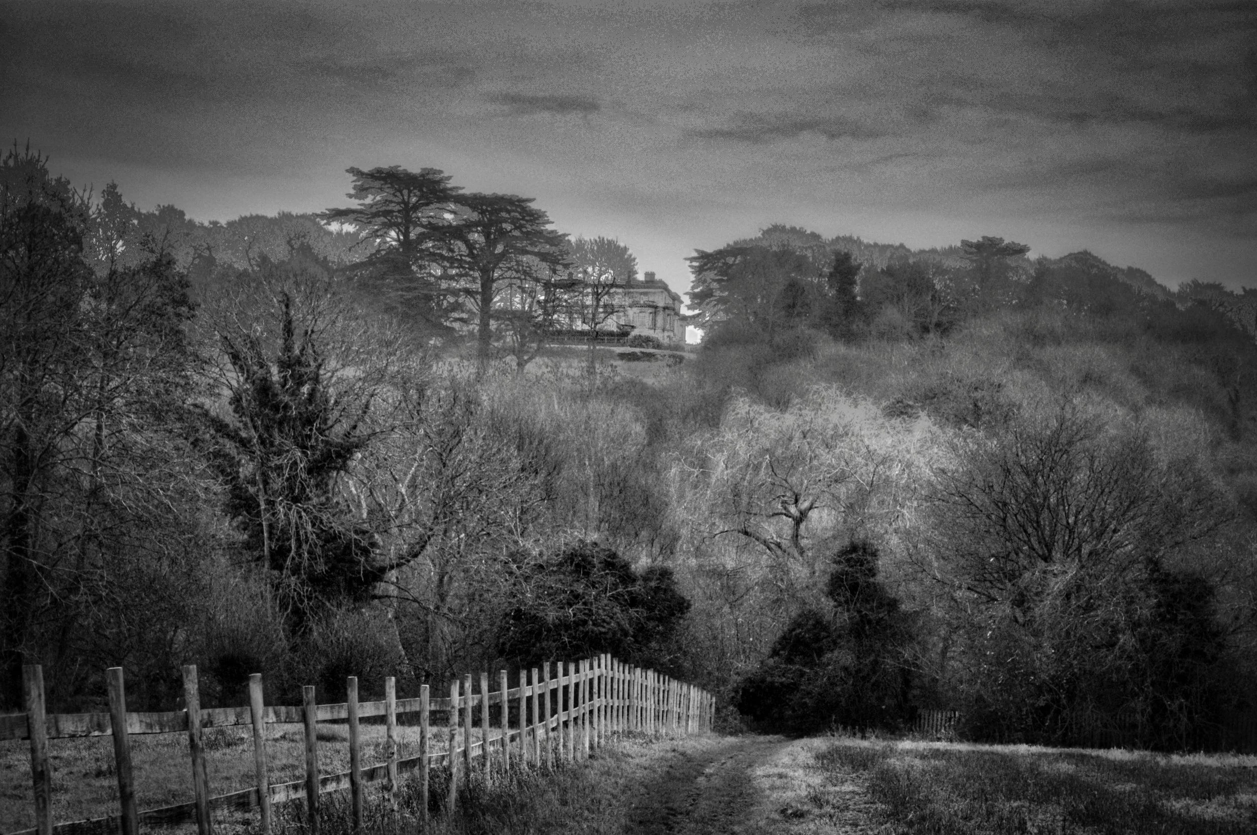 Black and white photograph of Hedsor House partially obscured by winter trees, viewed from a public footpath with a wooden fence leading through the foreground in the Chiltern Hills.