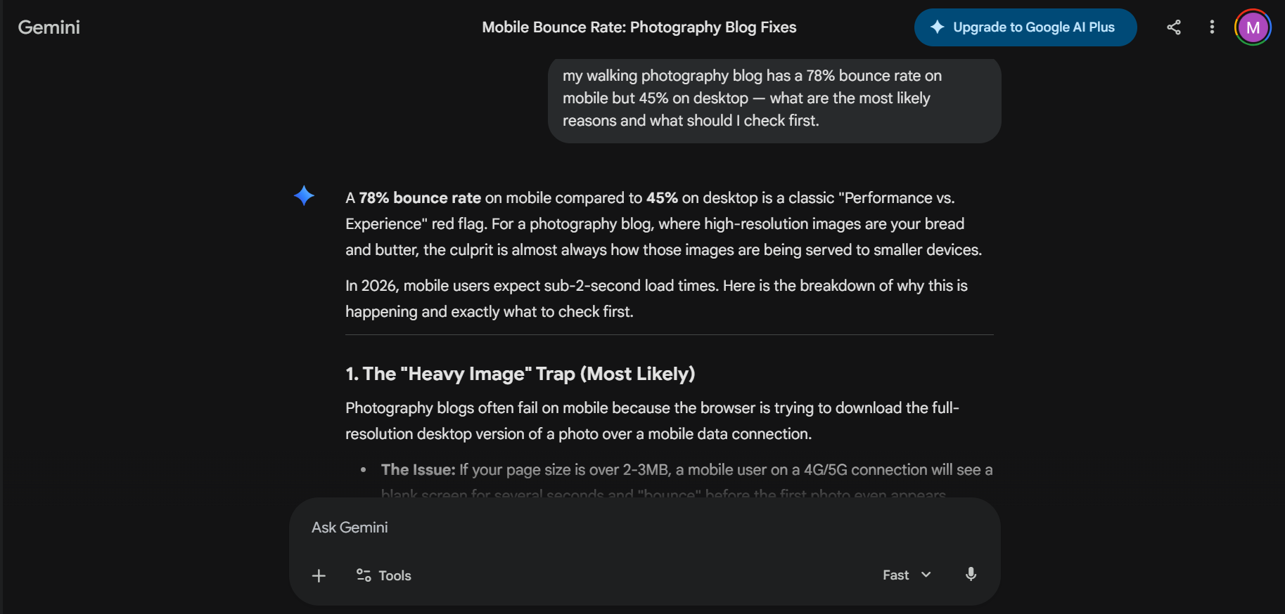 an image showing gemini answering a website performance question