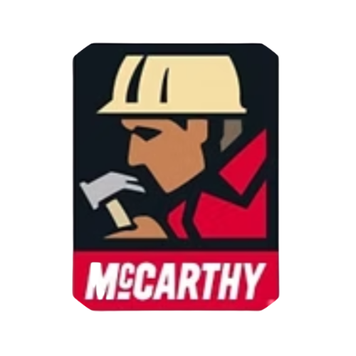 Logo of McCarthy construction company featuring a worker with a hard hat looking at a blueprint.