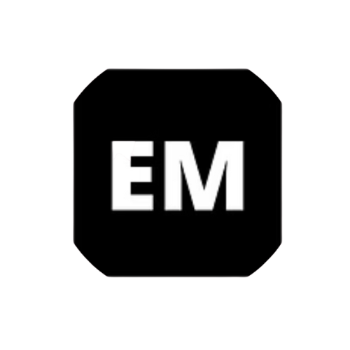 A black octagonal sign with white bold letters 'EM' in the center.