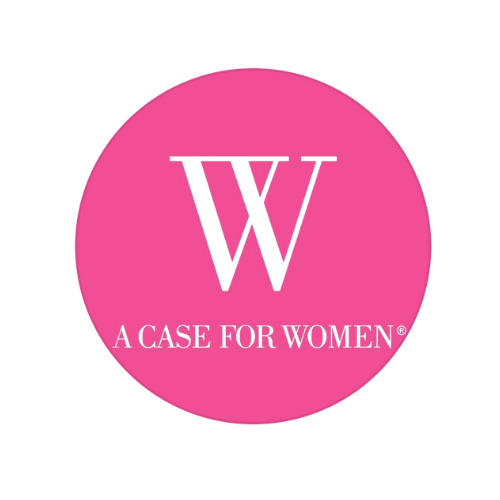 Pink circular logo with a large black 'W' and the text 'A CASE FOR WOMEN' below it.