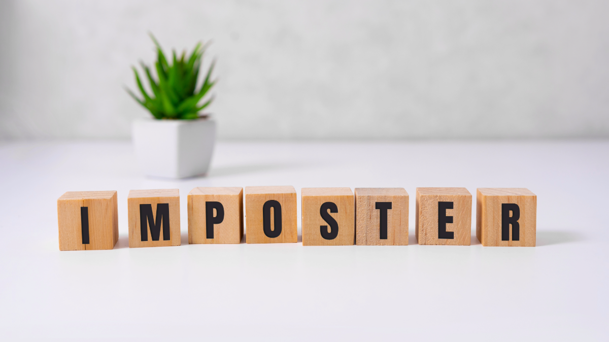 Graphic illustrating imposter syndrome and self-doubt in a professional setting.