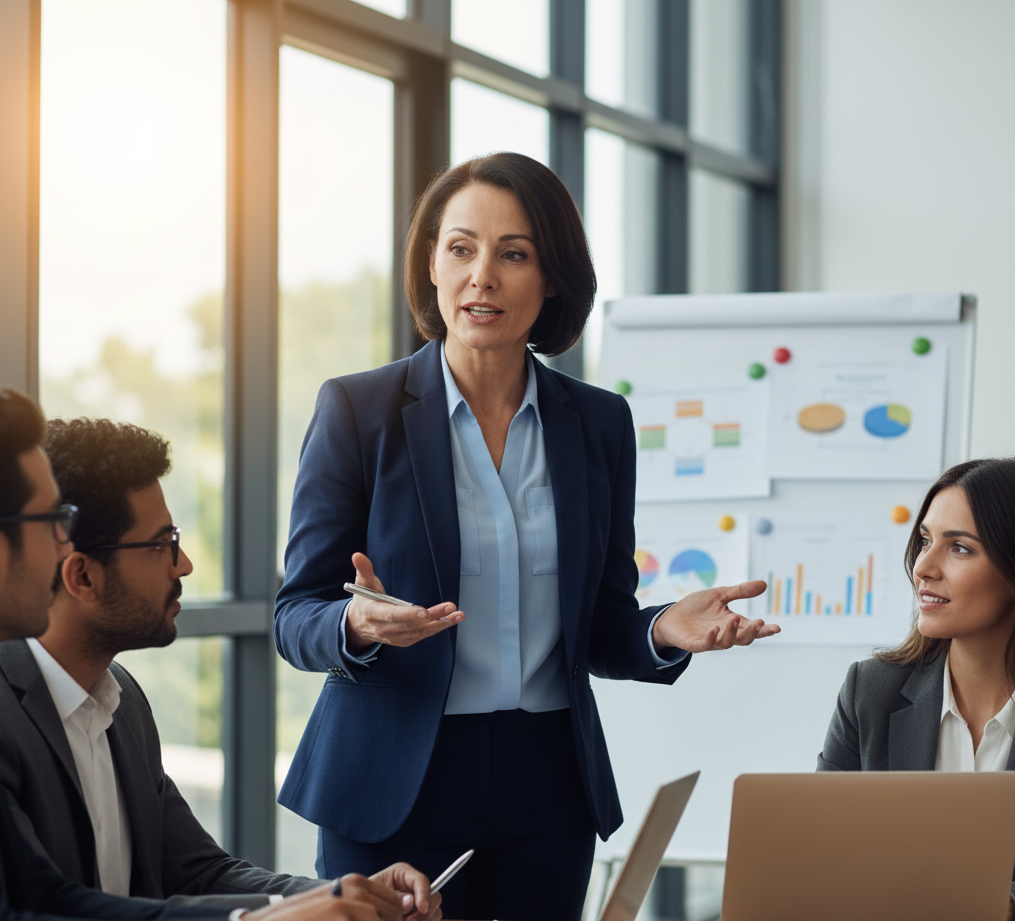 Businesswoman giving a presentation to colleagues in a modern office with charts and graphs on a whiteboard.