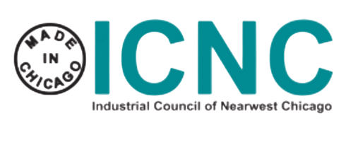 Logo of the Industrial Council of Nearwest Chicago, featuring a black circle with 'Made in Chicago' text, and large teal letters 'ICNC' with the full name underneath.