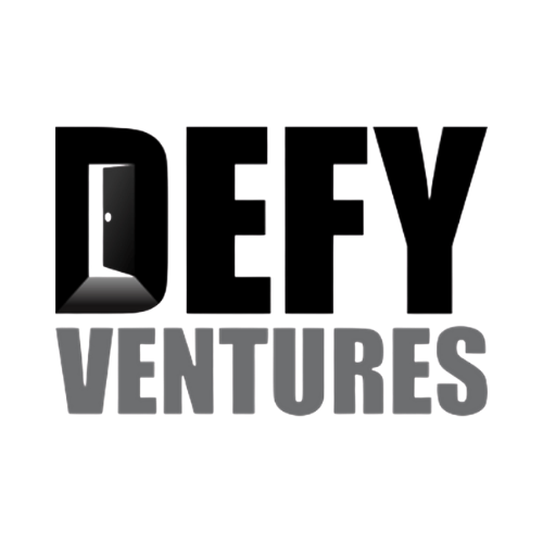 Logo with a door opening into darkness, with 'DEFY VENTURES' written in bold uppercase letters.