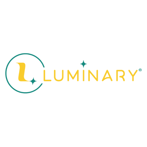 Luminary logo with a yellow crescent moon and star inside a teal circle, and the word 'LUMINARY' in yellow with small teal star accents.