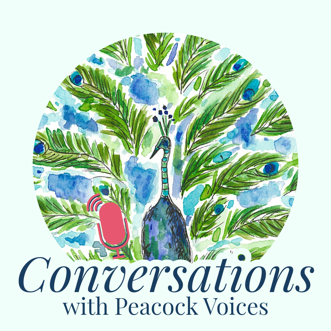 Peacock Voices podcast cover art featuring bold typography and design elements representing vocal coaching, leadership communication, and speaking with confidence