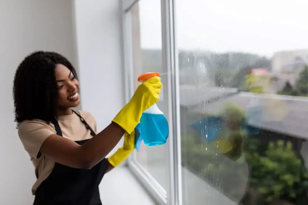 A woman wearing yellow gloves and an apron is cleaning a window with a spray bottle of blue liquid and a cloth.