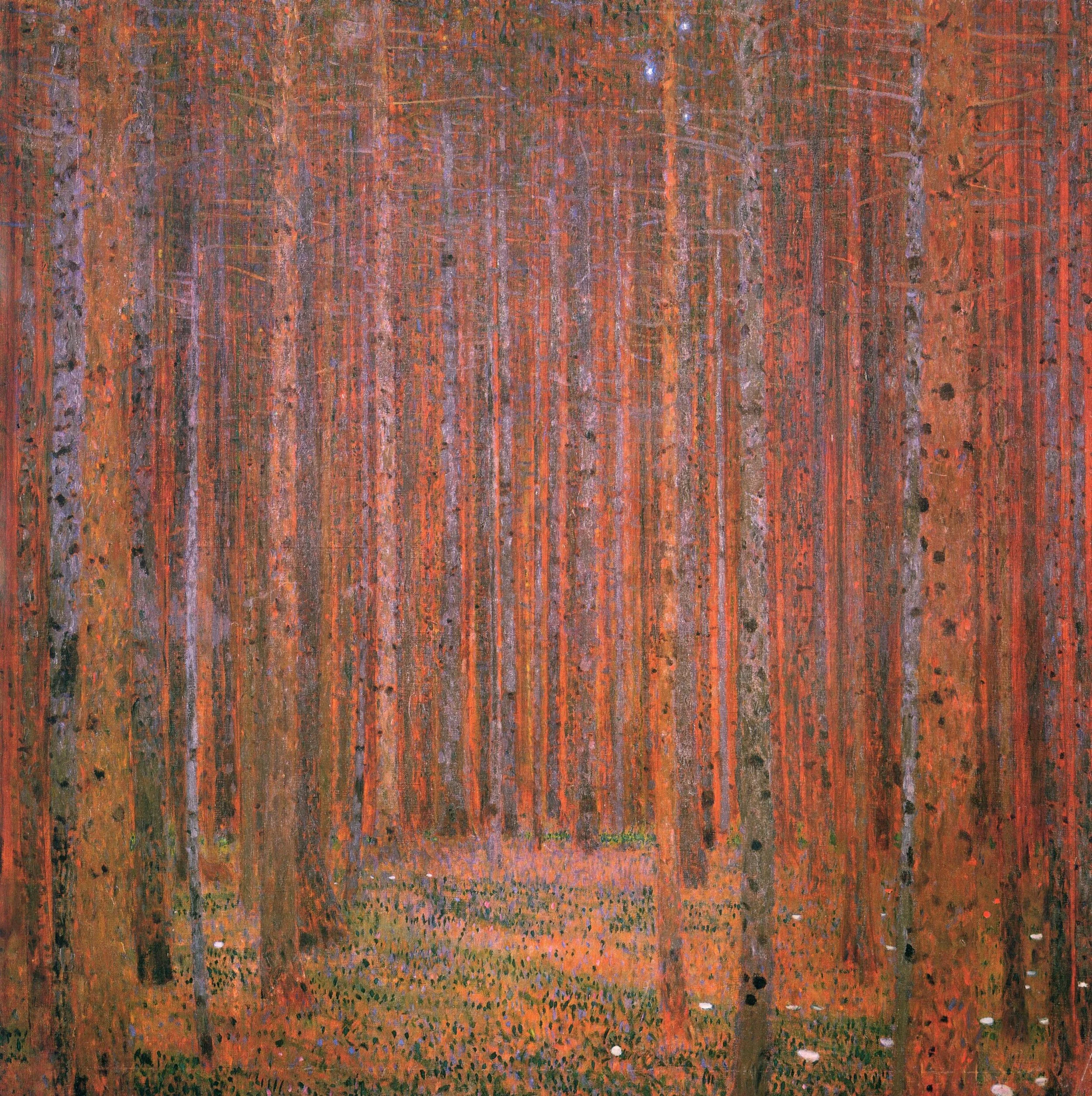 A painting of a dense forest with tall, thin trees with reddish-brown bark, a green forest floor, and subdued purple and blue sky visible through the tree branches.