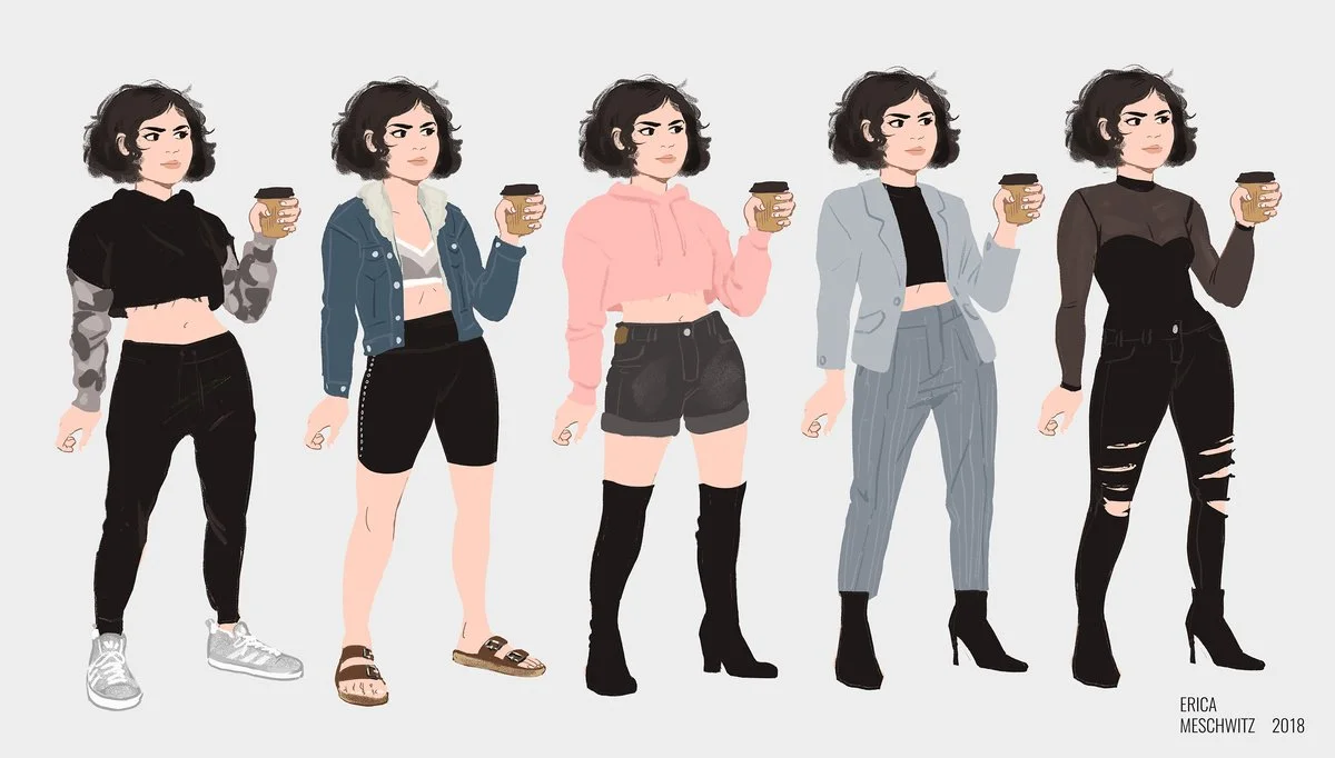 Duplicated flat cartoon curly haired white woman in a lineup showing several iterations of outfits for summer - pt 3