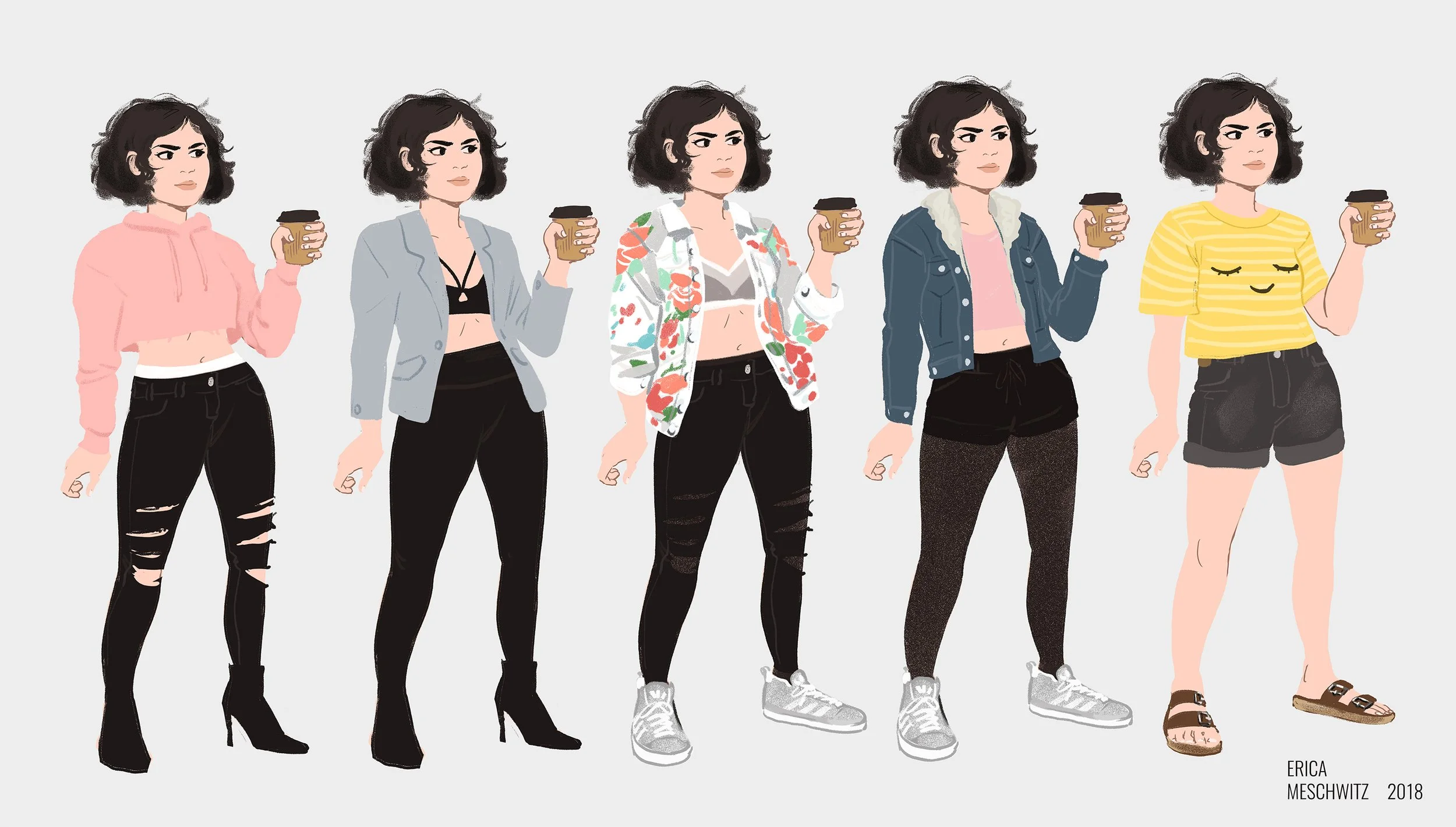 Duplicated flat cartoon curly haired white woman in a lineup showing several iterations of outfits for summer - pt 4
