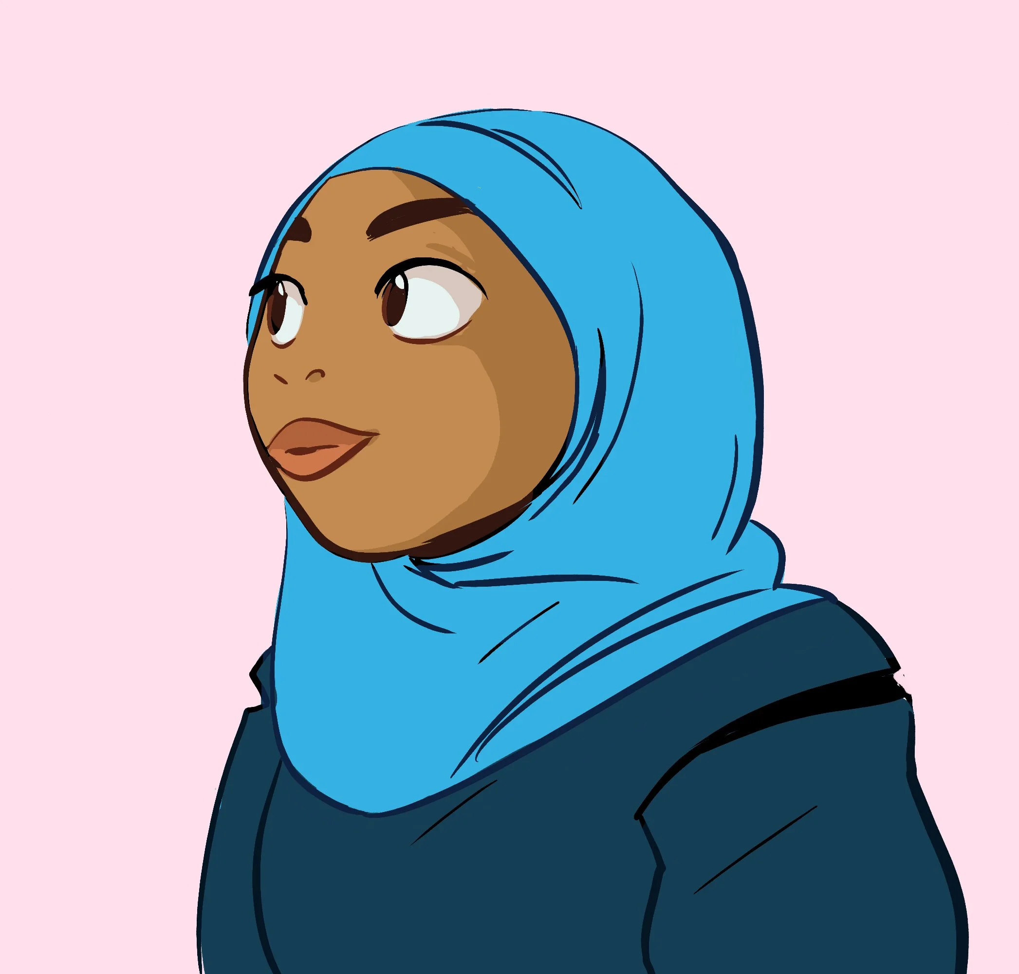 Cartoon portrait drawing of a brown skin girl in light blue hijabi scarf