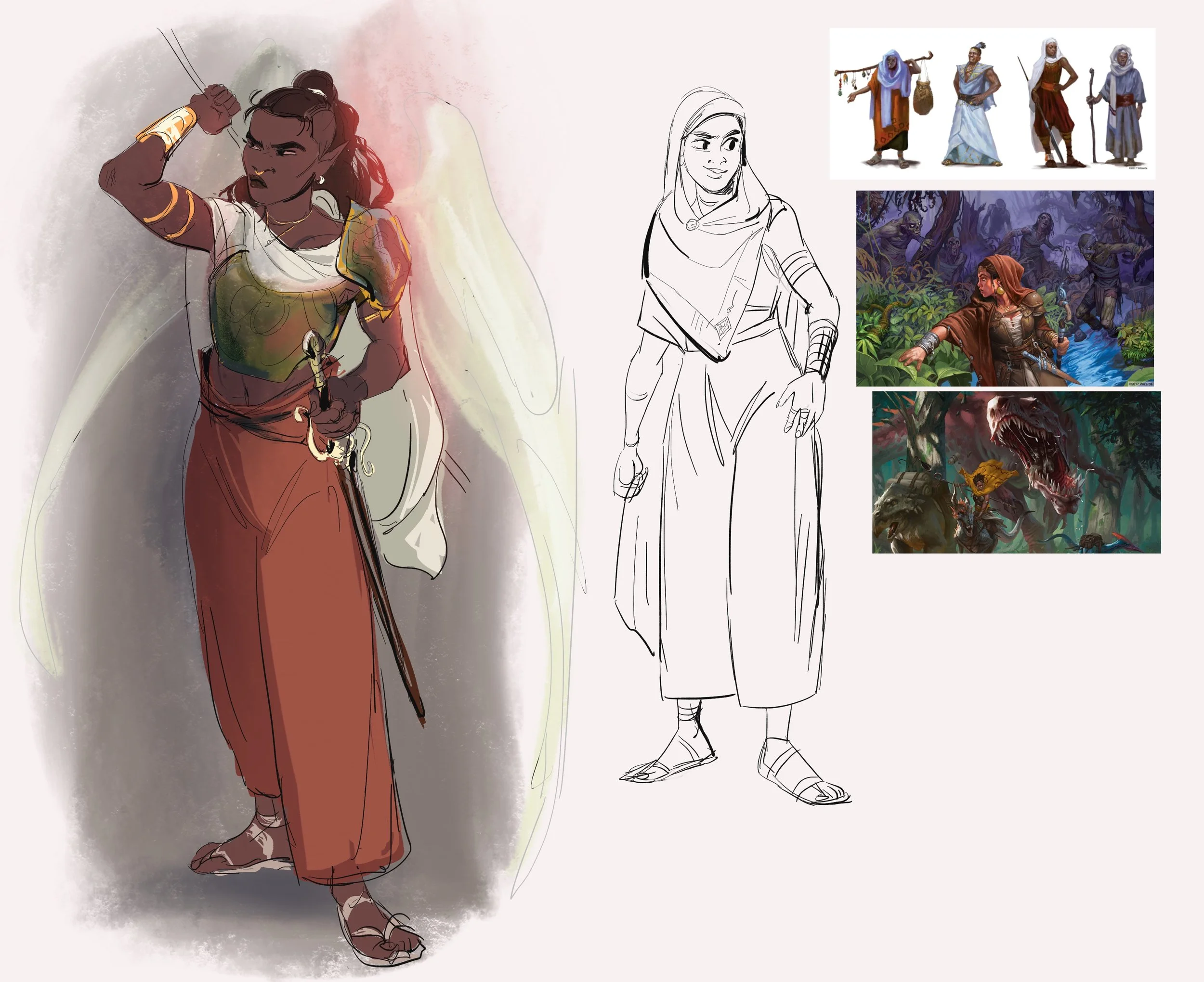 DnD half elf aasimar OC full outfit with colour and wings, looking tough, references included next to drawing