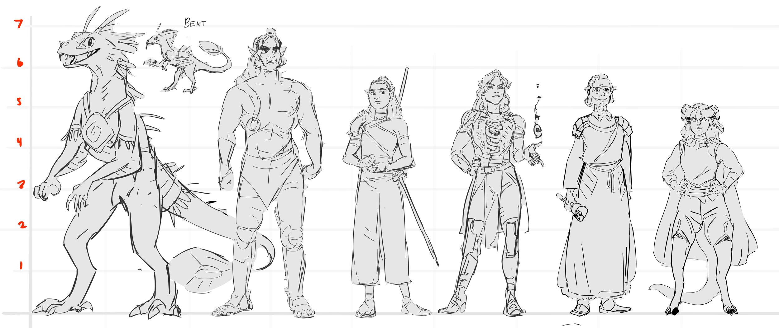 Character lineup of DnD OCs, black and white drawings showing height comparison between lizard, orc, half elf, elf, and tiefling