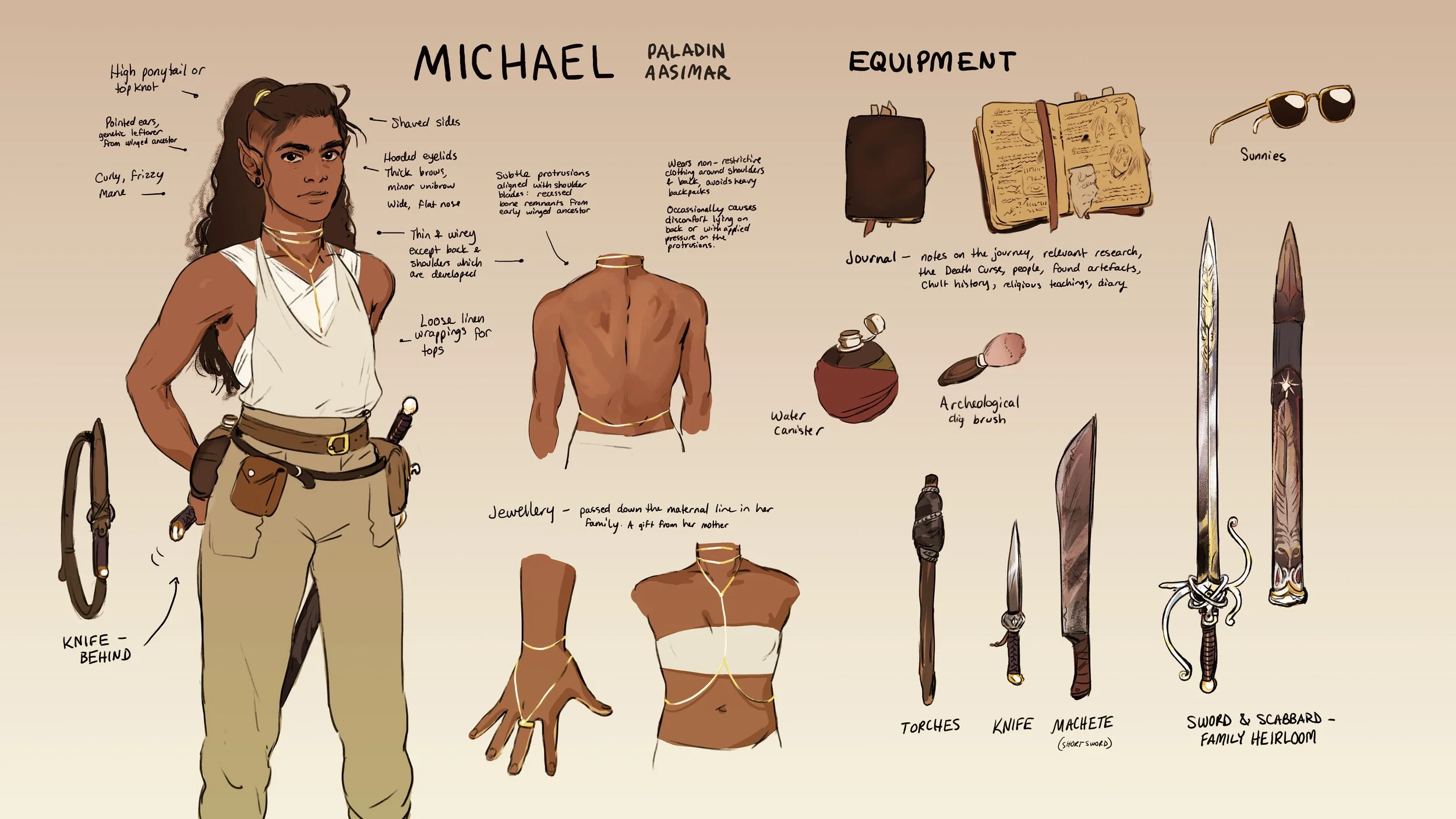 Character design for DnD OC "Michael" half elf aasimar dark skin woman with long dark hair, showing tattoos, jewellery, and inventory
