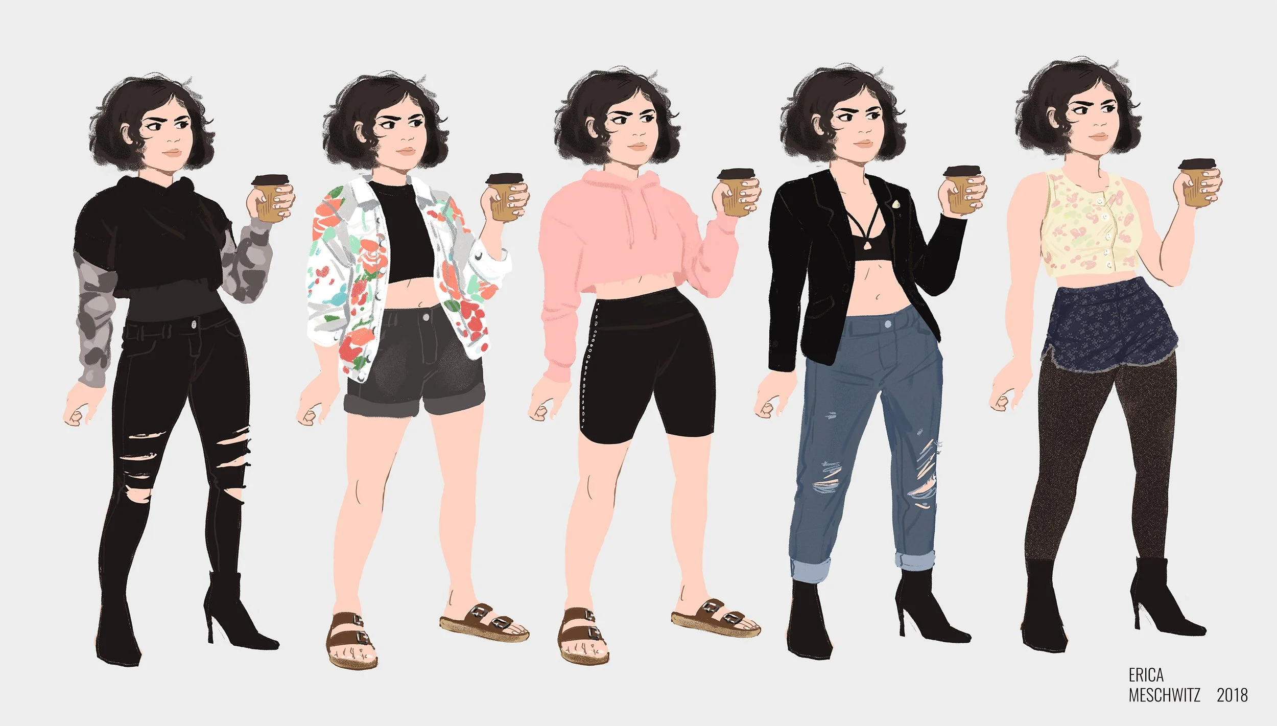 Duplicated flat cartoon curly haired white woman in a lineup showing several iterations of outfits for summer - pt 1
