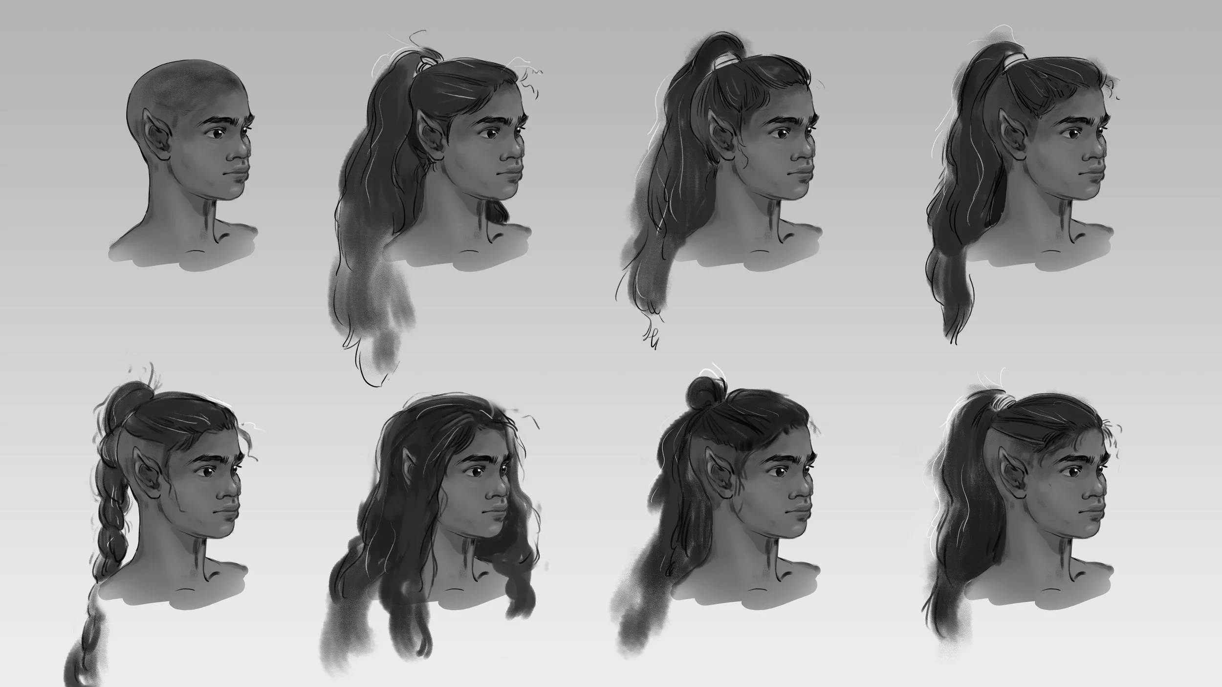 Black and white painted portrait duplicated several times with various rendered hairstyles, from buzz cut to pony tail to braids to loose - textured curly wavy hair of dark skin woman