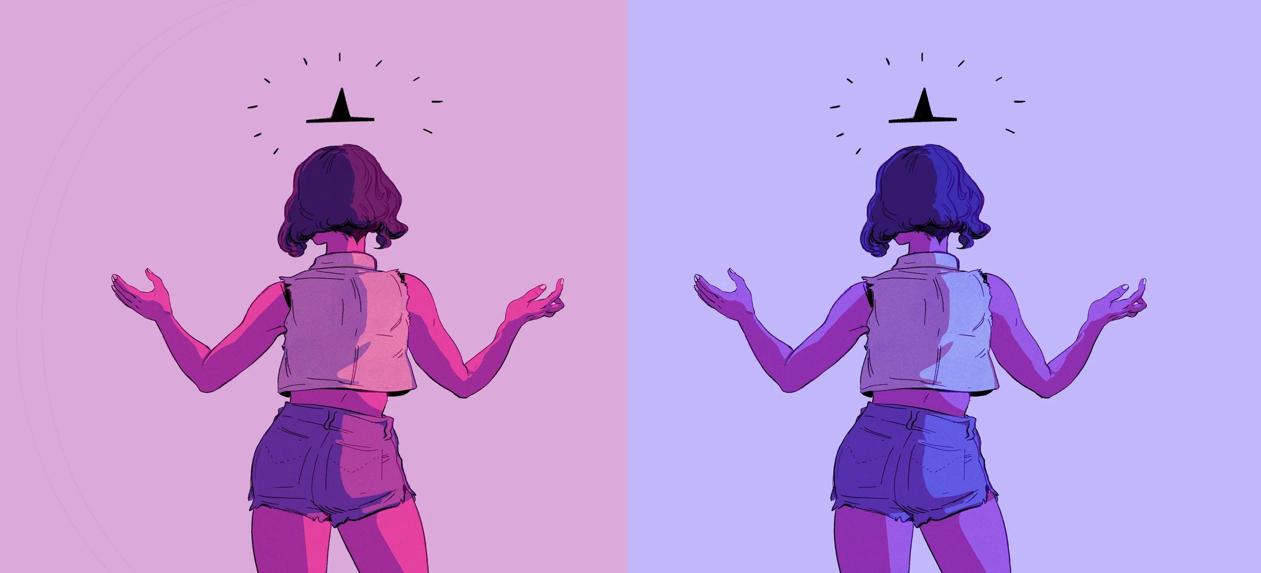 Twinning images in a dyptic with fuschia and lilac portraits seen from behind of a girl in summer clothing with arms shrugging, a witch hat icon hovering over her head