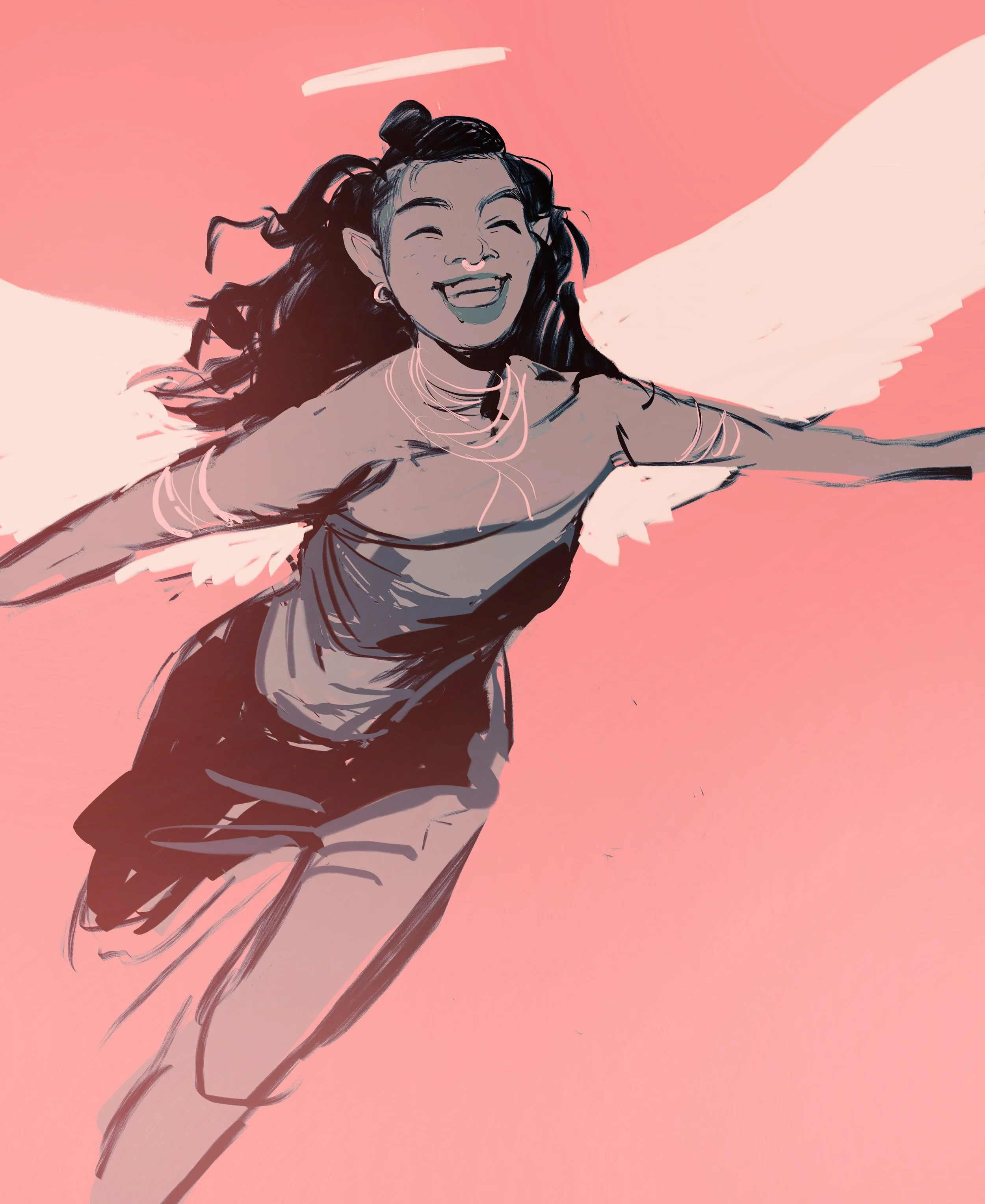 Pink toned image of dark skinned woman with angel wings and halo delighted to be flying