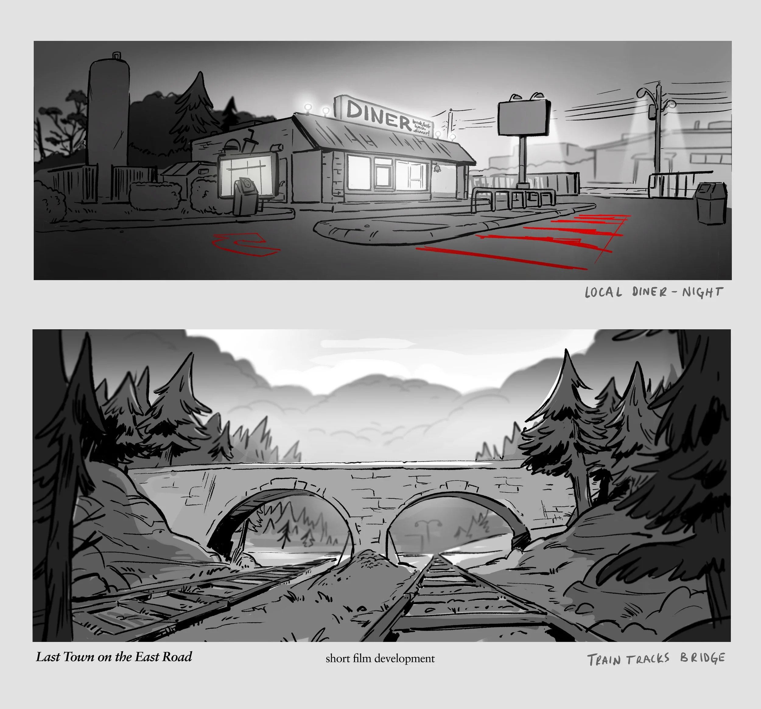 Black and white toned background layout drawings of a diner and a bridge over a rail system, both with evergreens surrounding