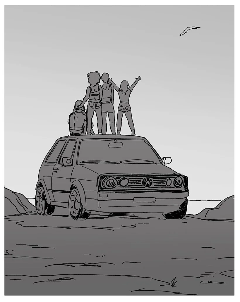 black and white drawing of volkswagon rabbit parked and four woman friends stand on top of the car admiring a look off