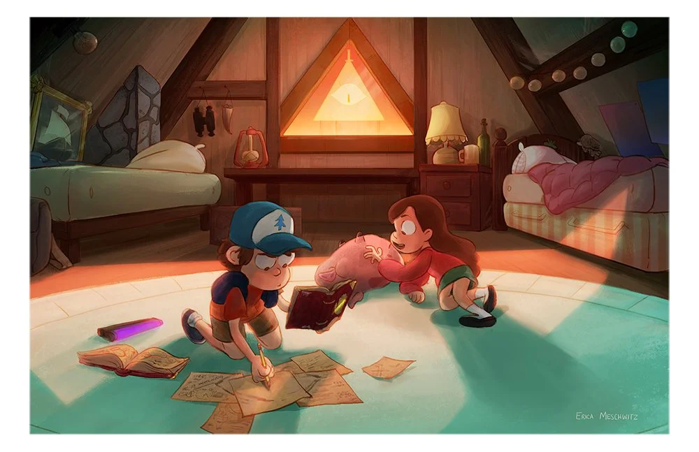 Gravity Falls fanart illustration with Dipper and Mabel pines hanging out on their bedroom floor, the triangle window gleaming sun in and Cipher Bill faintly visible