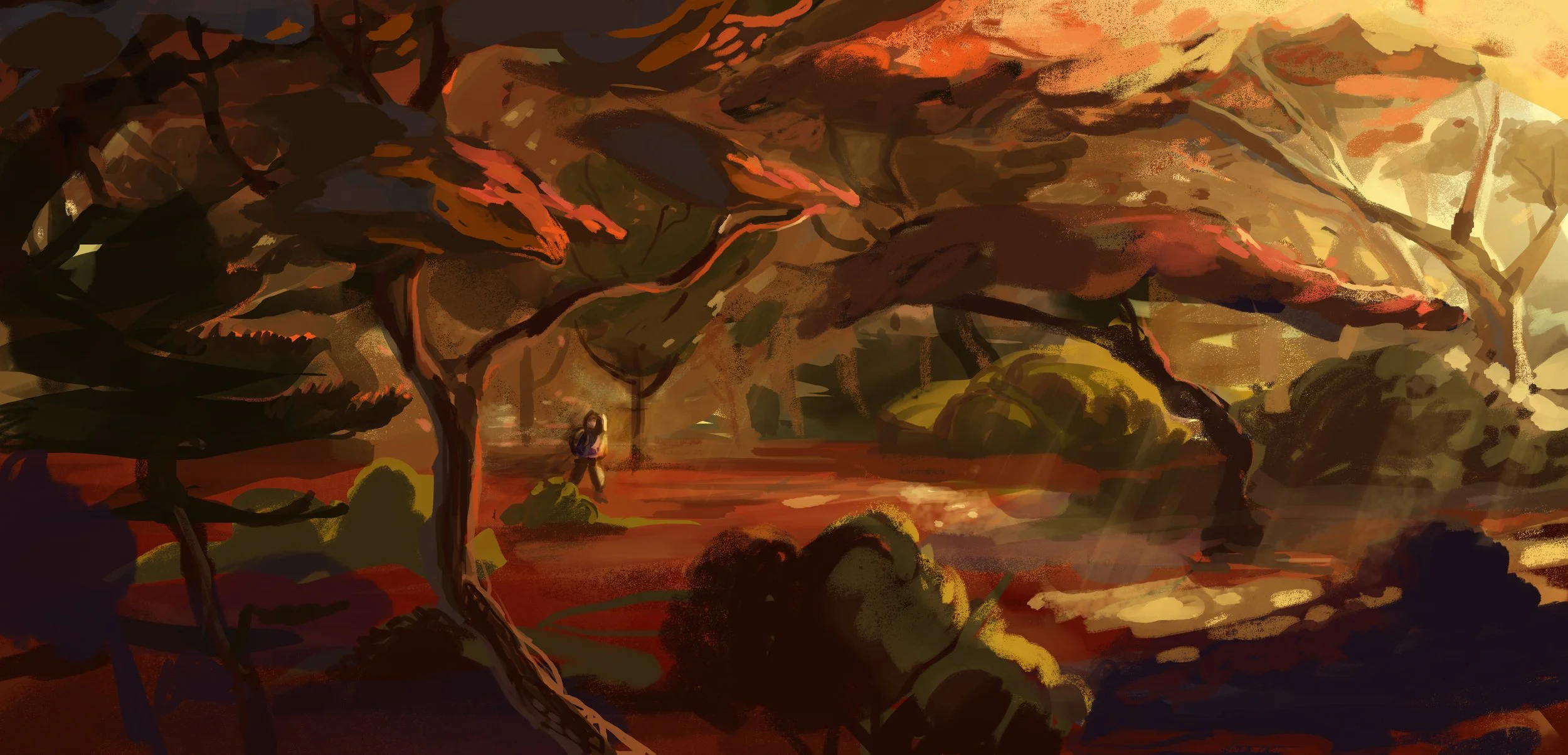 Painterly background of a fall toned forest at sunset with short, squiggly trees and an individual wandering through