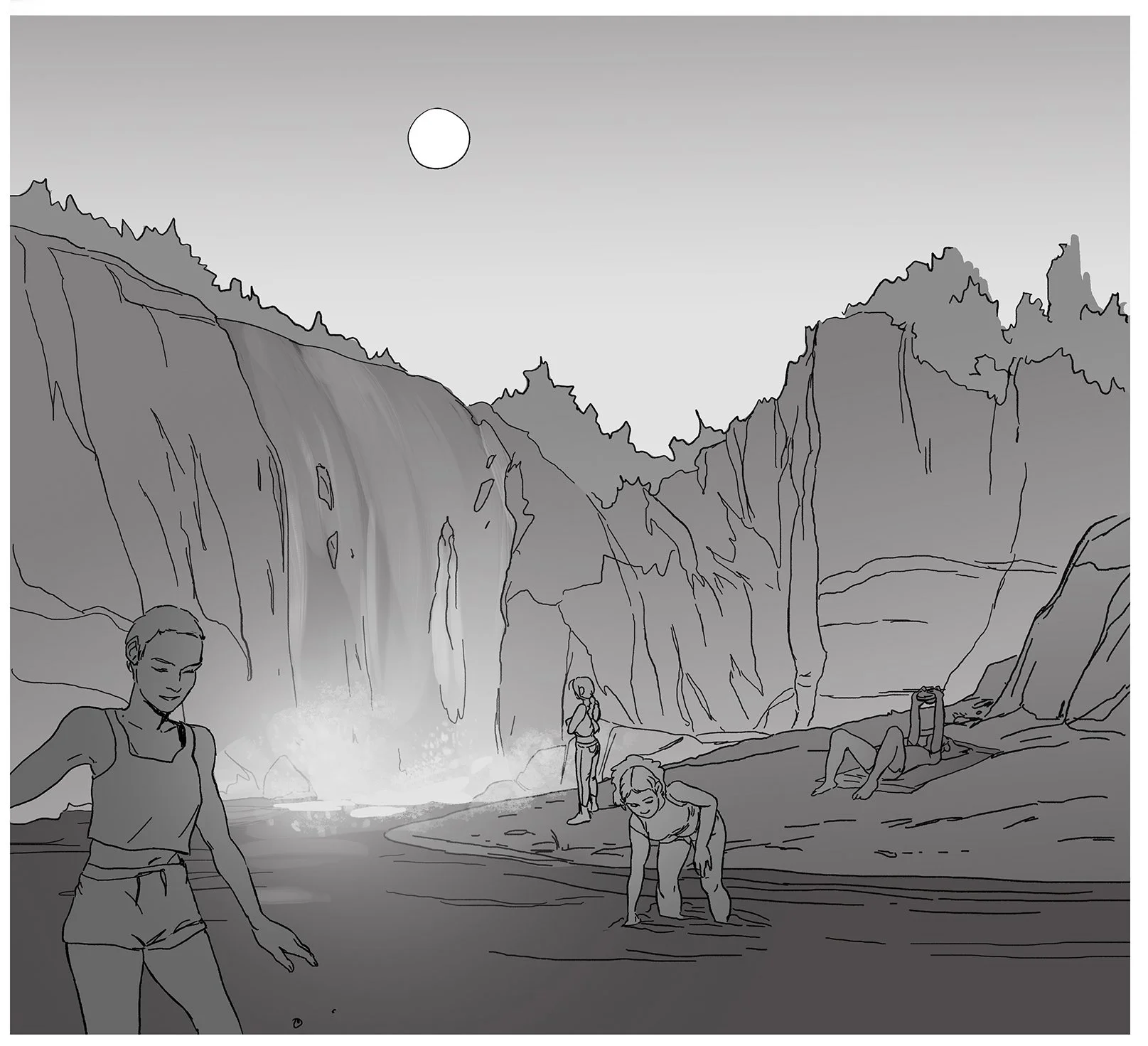 black and white toned drawing of cliffs and a waterfall where four girls are relaxing in and near the water