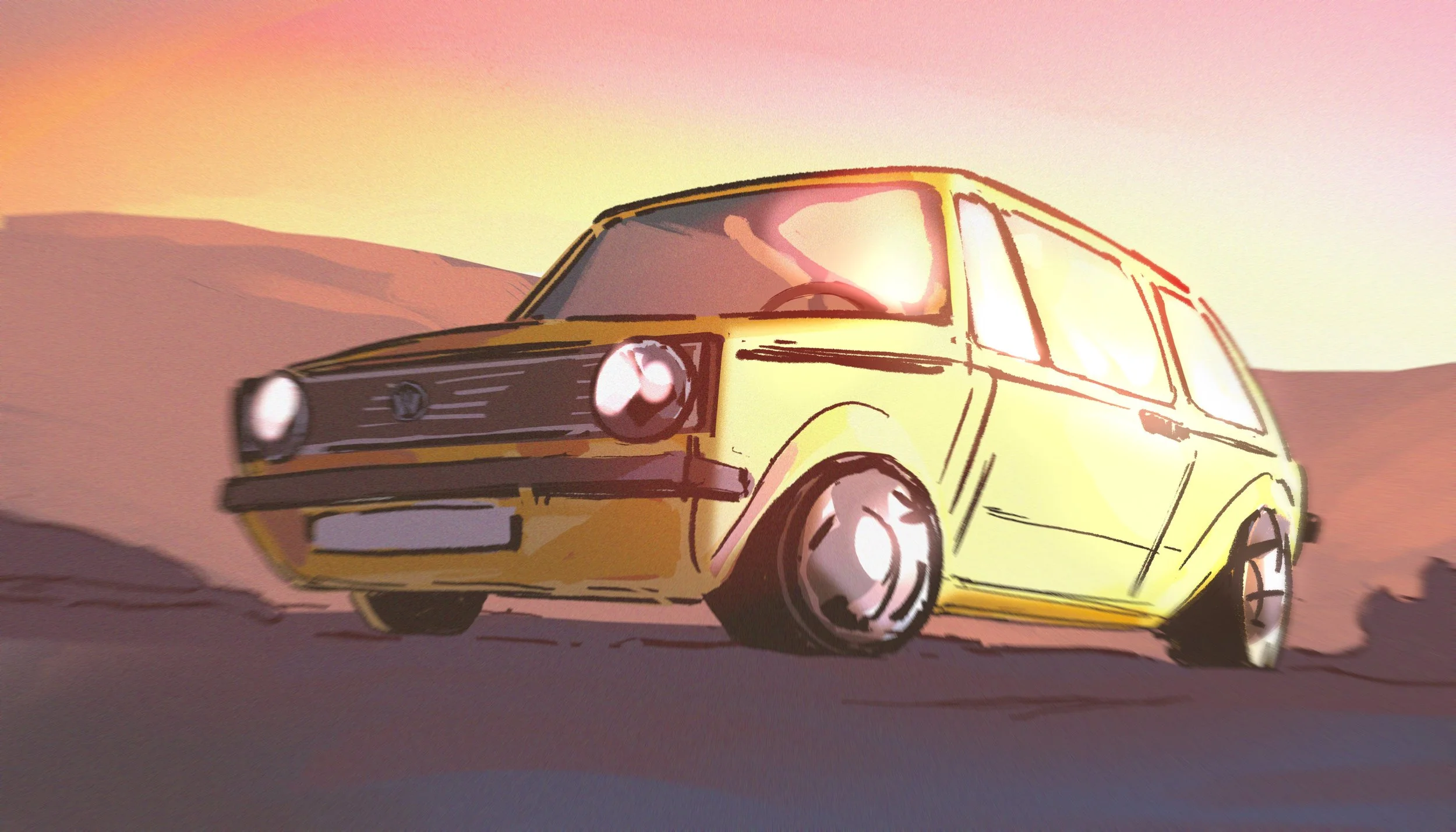 Yellow rabbit volkswagon parked by a hill in a sunset animation illustration style