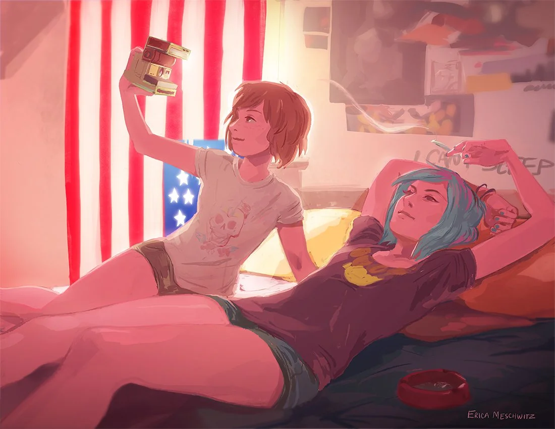 Pink tinted fanart illustration of Life is Strange game, characters Chloe and Max are lounging in a bedroom hanging out