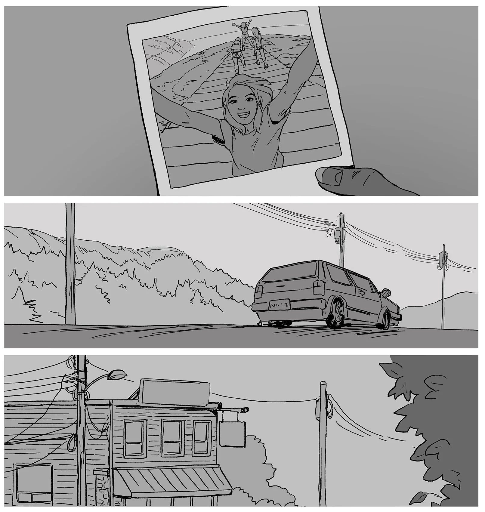 three panels black and white drawings, one featuring a photograph of four women friends on a hike, one of a volkswagon rabbit driving down a road with power lines, one of a diner