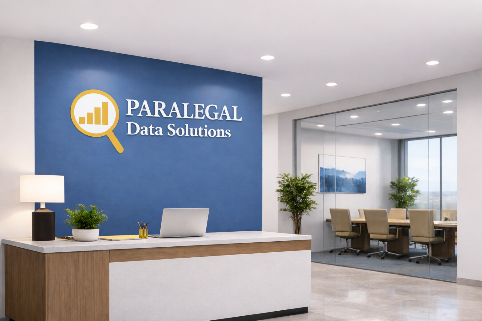 Office reception area with a blue accent wall displaying the logo 'Paralegal Data Solutions', a white desk with a laptop, a lamp, a potted plant, and some pens, and a glass-walled conference room with a long table and chairs inside.