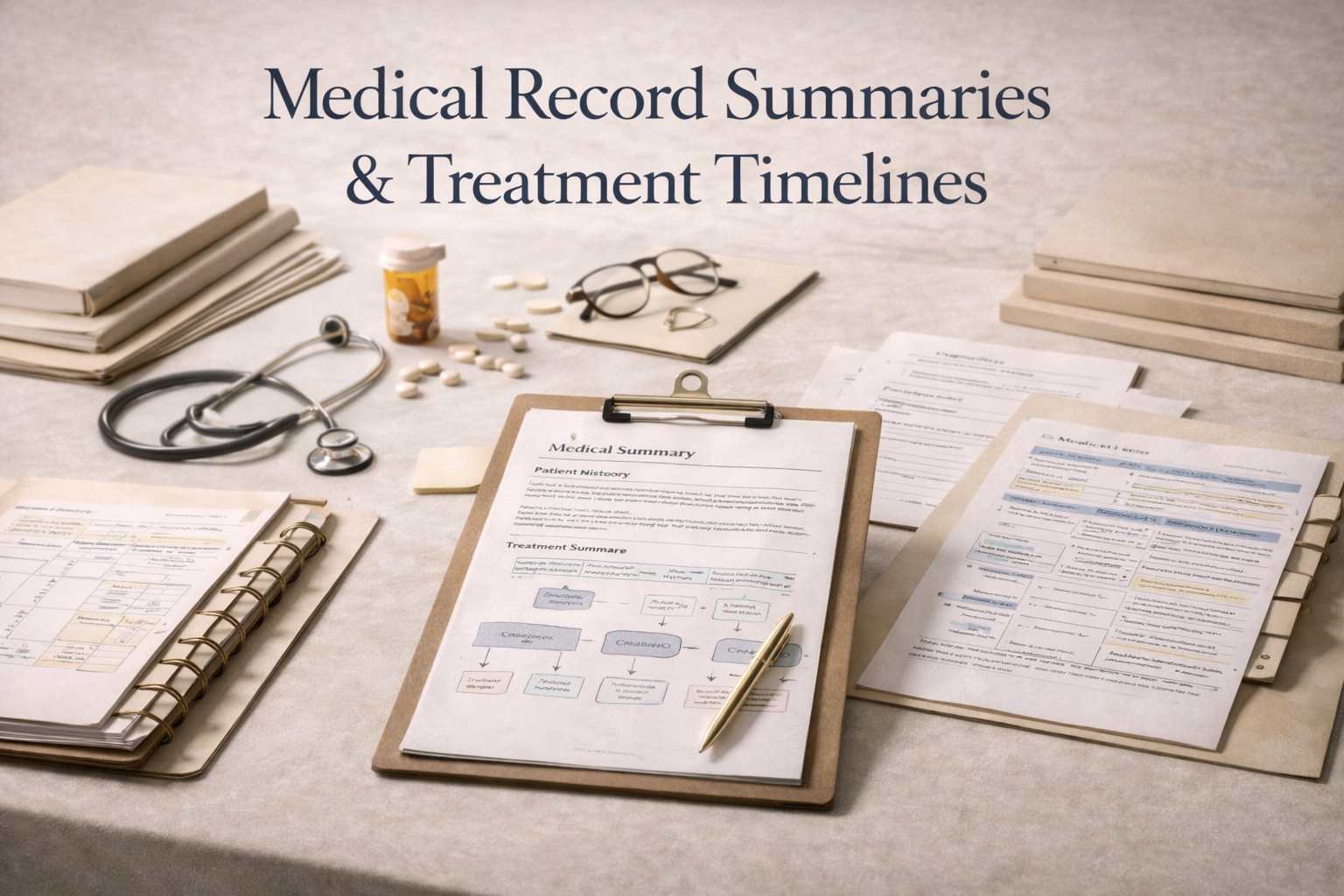 Medical records and treatment plans on a table with paperwork, folders, pills, and medical equipment.