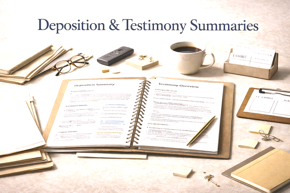 Open legal documents labeled 'Deposition Summary' and 'Testimony Overview' on a table with office supplies, a cup of coffee, and file folders.