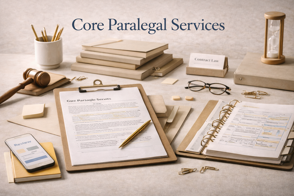 Desk with legal documents, a gavel, glasses, notebooks, a phone displaying a review page, and stationery, all related to core paralegal services.