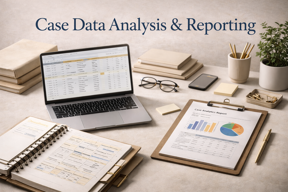 Desk with laptop displaying a spreadsheet, report documents with charts, glasses, a smartphone, notebooks, sticky notes, paper clips, and a plant, with a heading 'Case Data Analysis & Reporting'