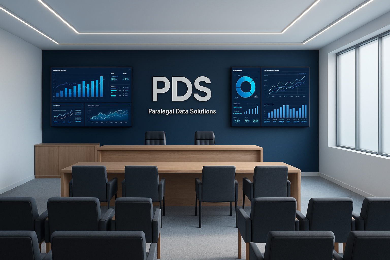 Conference room with a wooden table, black chairs, large screens displaying data charts, and a dark blue accent wall with the logo 'PDS' and the words 'Paralegal Data Solutions'.