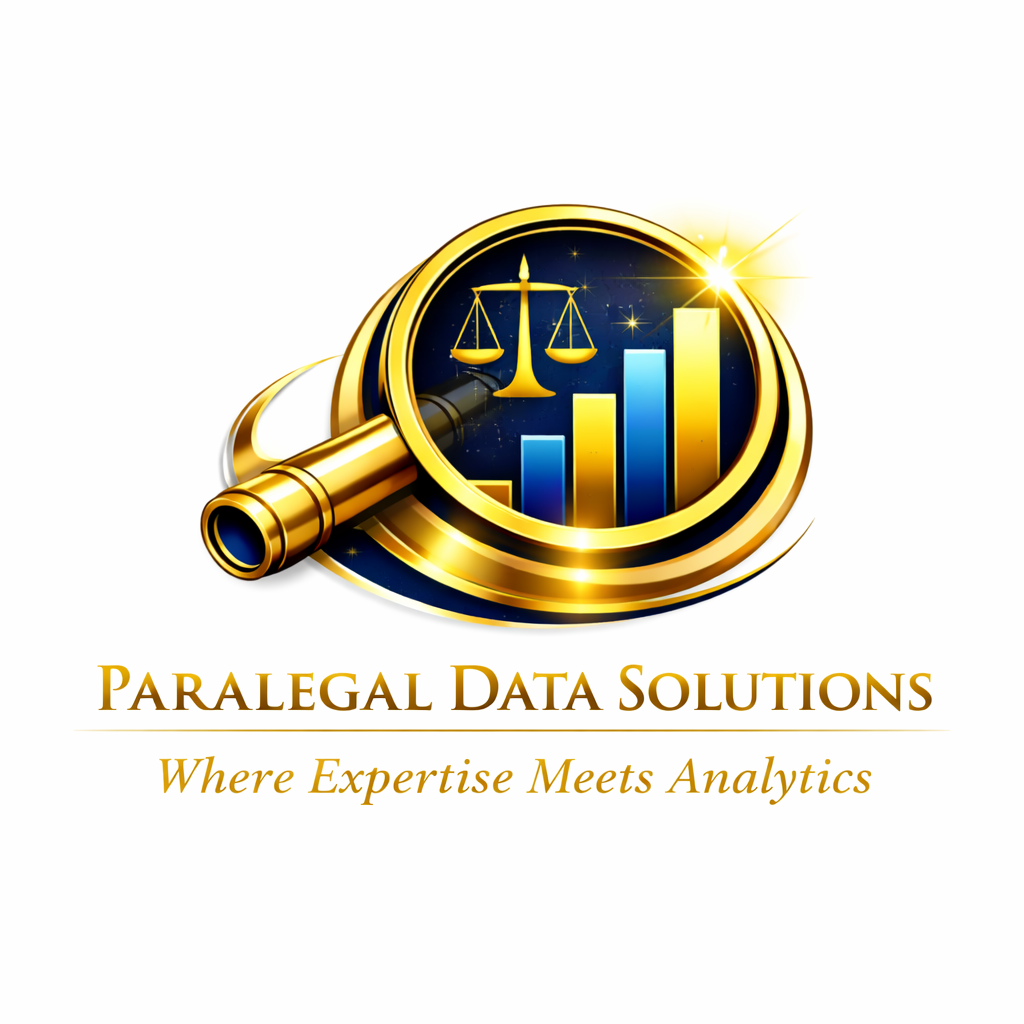 Logo for Paralegal Data Solutions featuring a magnifying glass over a bar chart with a scales of justice icon, in gold and blue colors, with the tagline "Where Expertise Meets Analytics".