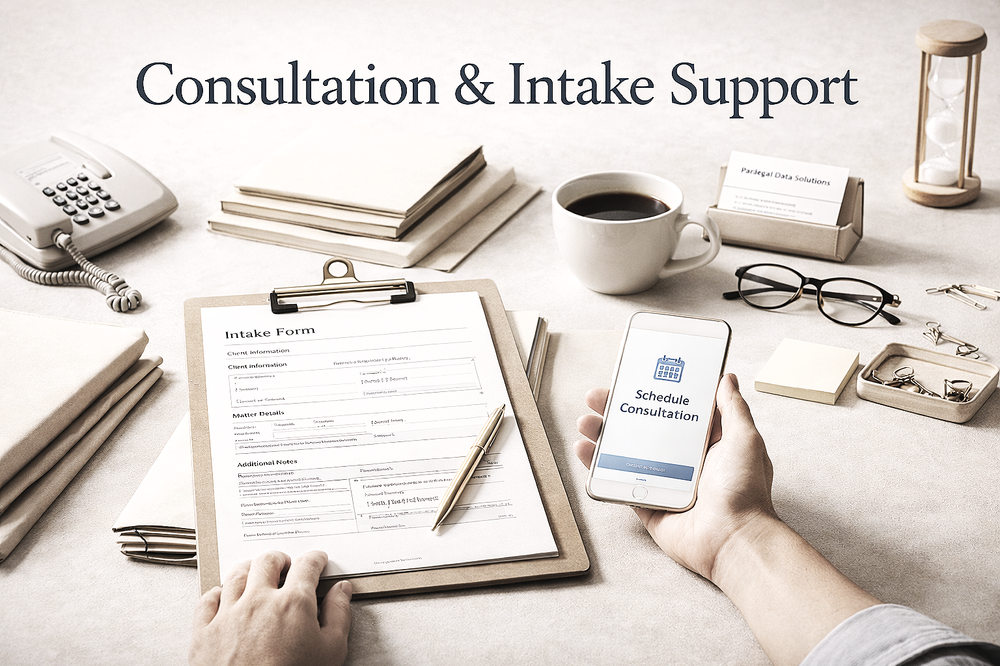 Desk with a consultation and intake support setup, including an intake form on a clipboard, a pen, a smartphone displaying 'Schedule Consultation,' a cup of coffee, eyeglasses, a desk clock, business cards, a phone, and office supplies.