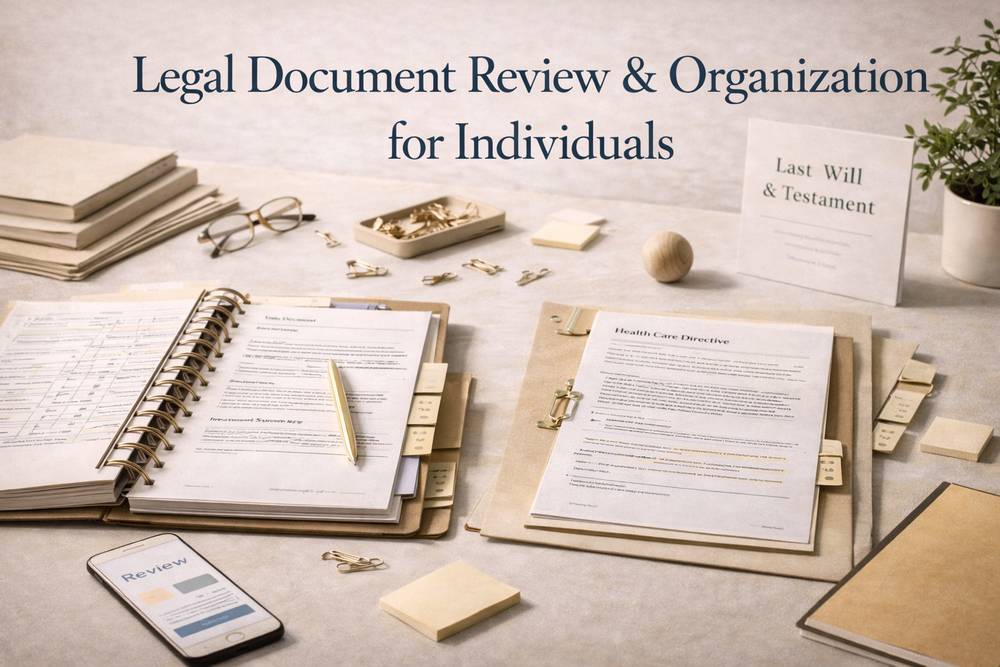 Desk with legal documents, organized folders, sticky notes, a pen, and a smartphone, related to legal document review and organization for individuals.