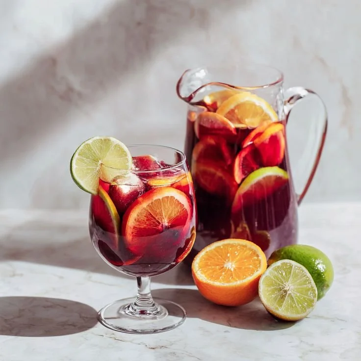 A glass and a pitcher of sangria with sliced citrus fruits, including oranges, lemons, and limes, on a light marble surface.
