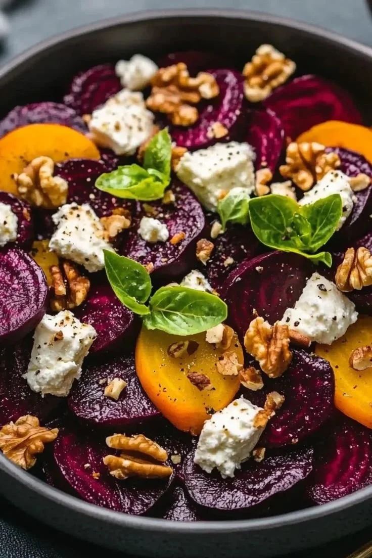 Beet and yellow potato salad garnished with walnuts, fresh basil leaves, and crumbled cheese.